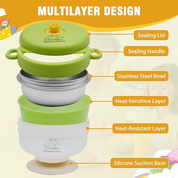 Baby Bowl with Suction, BPA-Free, Premium Food Grade 304 Stainless Steel, Thermo-Color Changing, Foldable Spoon & Fork, Non-Slip Handles for Babies, Toddlers, Kids (Green)