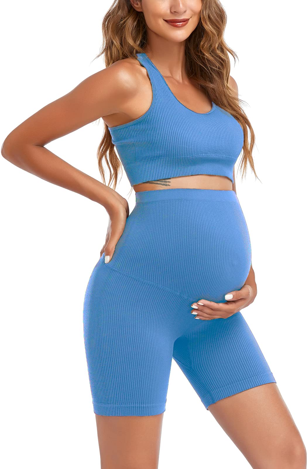Lataly Women's Maternity 2 Piece Outfit Set - Bra & Shorts for Pregnancy - Yoga workout Lounge Wear Sets