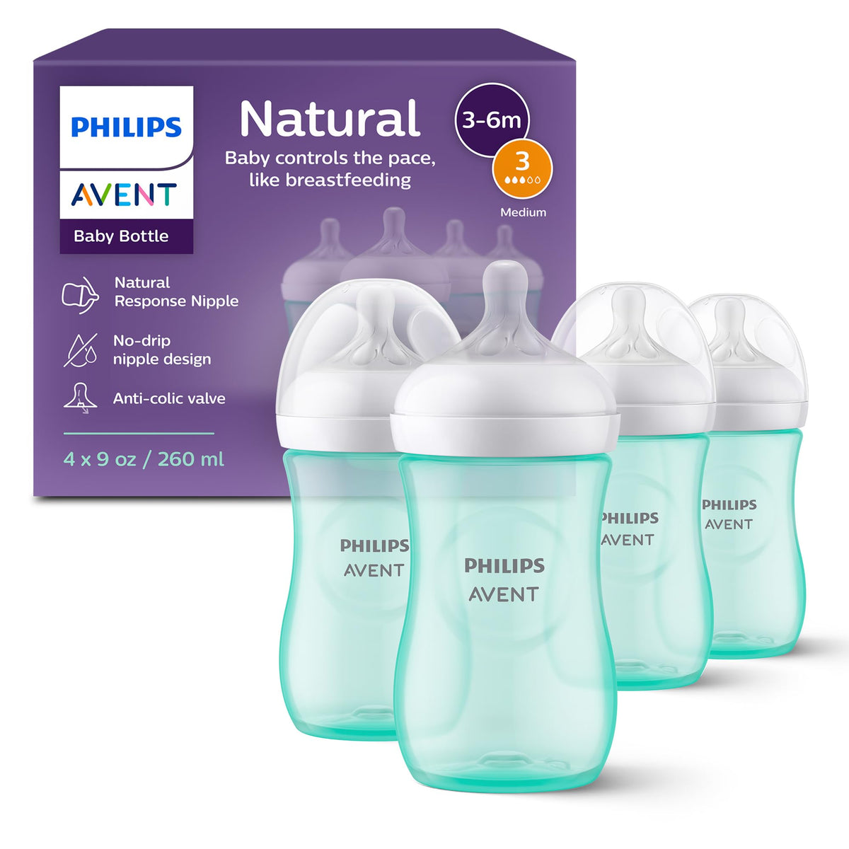 Philips Avent Natural Baby Bottles, Fast Flow, 11 oz, BPA-Free, 4-Pack