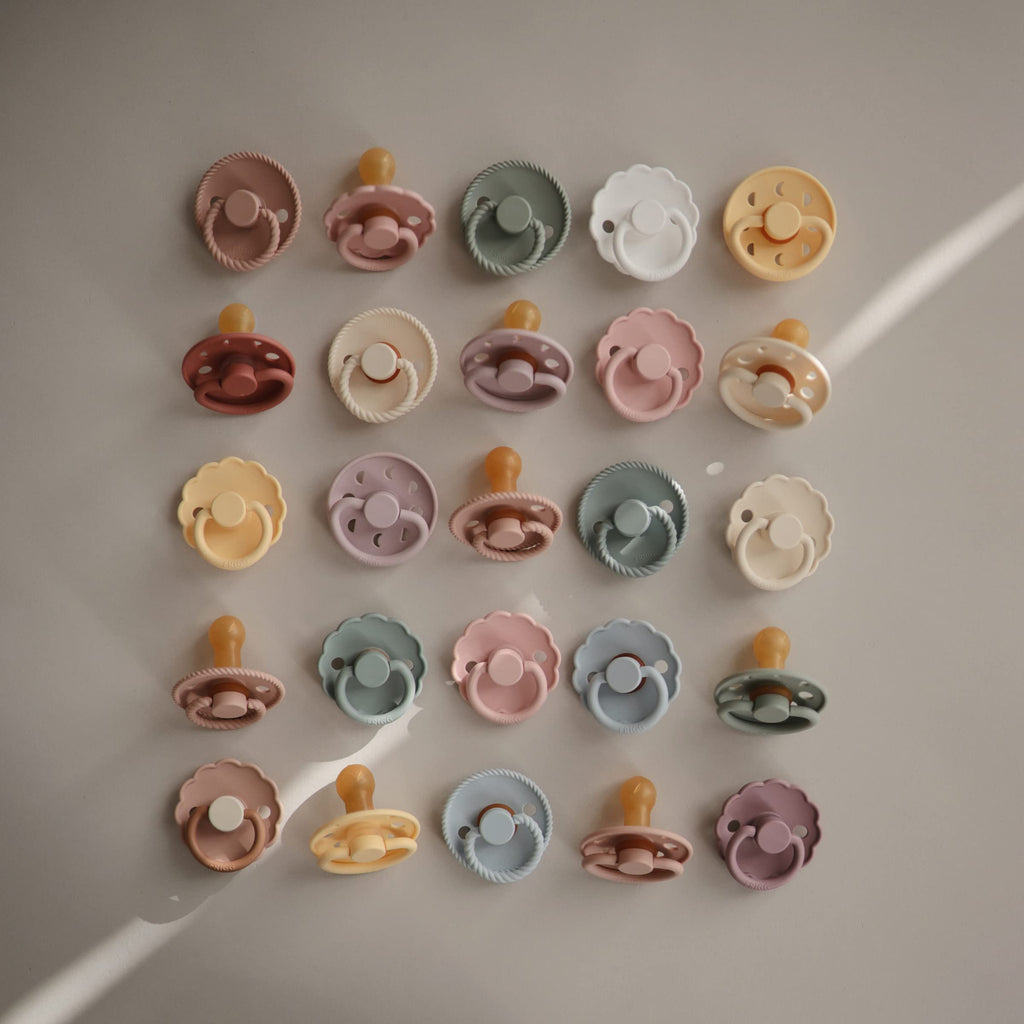 FRIGG Daisy Natural Rubber Baby Pacifier | Made in Denmark | BPA-Free (Blush/Cream, 6-18 Months) 2-Pack