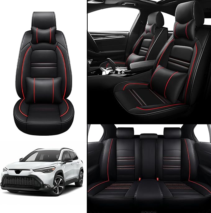 Car Seat Covers for Toyota Corolla Cross 2022-2025 | 5-Seats Seat Covers, Waterproof Seat Protectors, Automotive Seat Covers (Full Set with Pillow,Black&Red Line)