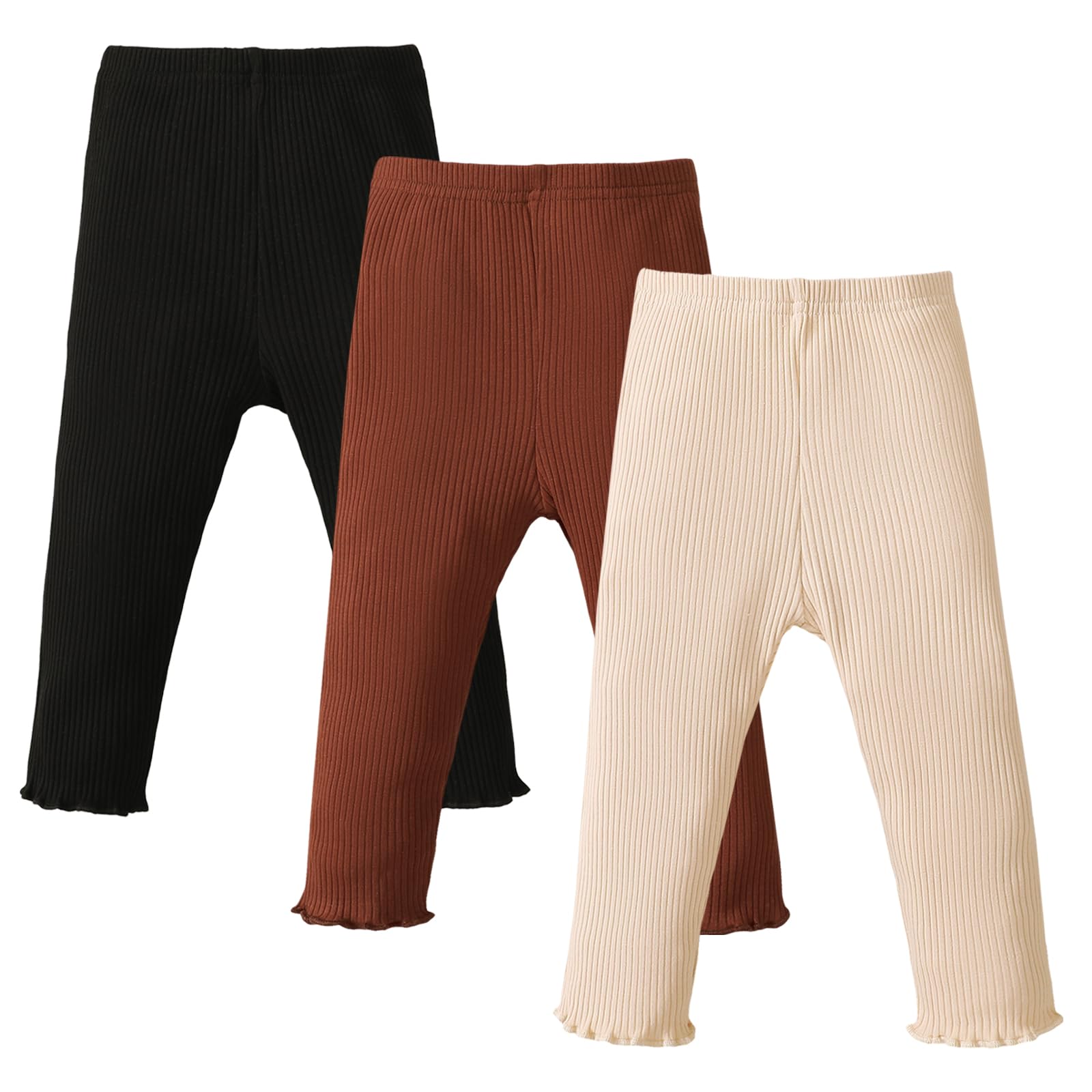 SOBOWO 18 Month Girl Pants Baby Girl Pants Toddler Girls Solid Ribbed 3 Pack Ruffle Elastic Waist Bottoms Leggings Fall Winter Clothes(Black/Brown/Beige, 18-24 Months)