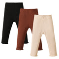 SOBOWO 12 Month Girl Pants Baby Girl Pants Toddler Girls Solid Ribbed 3 Pack Ruffle Elastic Waist Bottoms Leggings Fall Winter Clothes(Black/Brown/Beige, 9-12 Months)