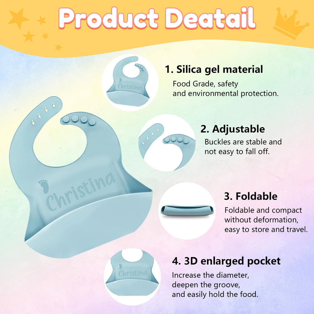 SRdrew Personalized Silicone Bibs Bowl Spoon and Fork Set Custom Engraved Name Icon Toddler Bibs Durable Adjustable for Baby Boy & Girl