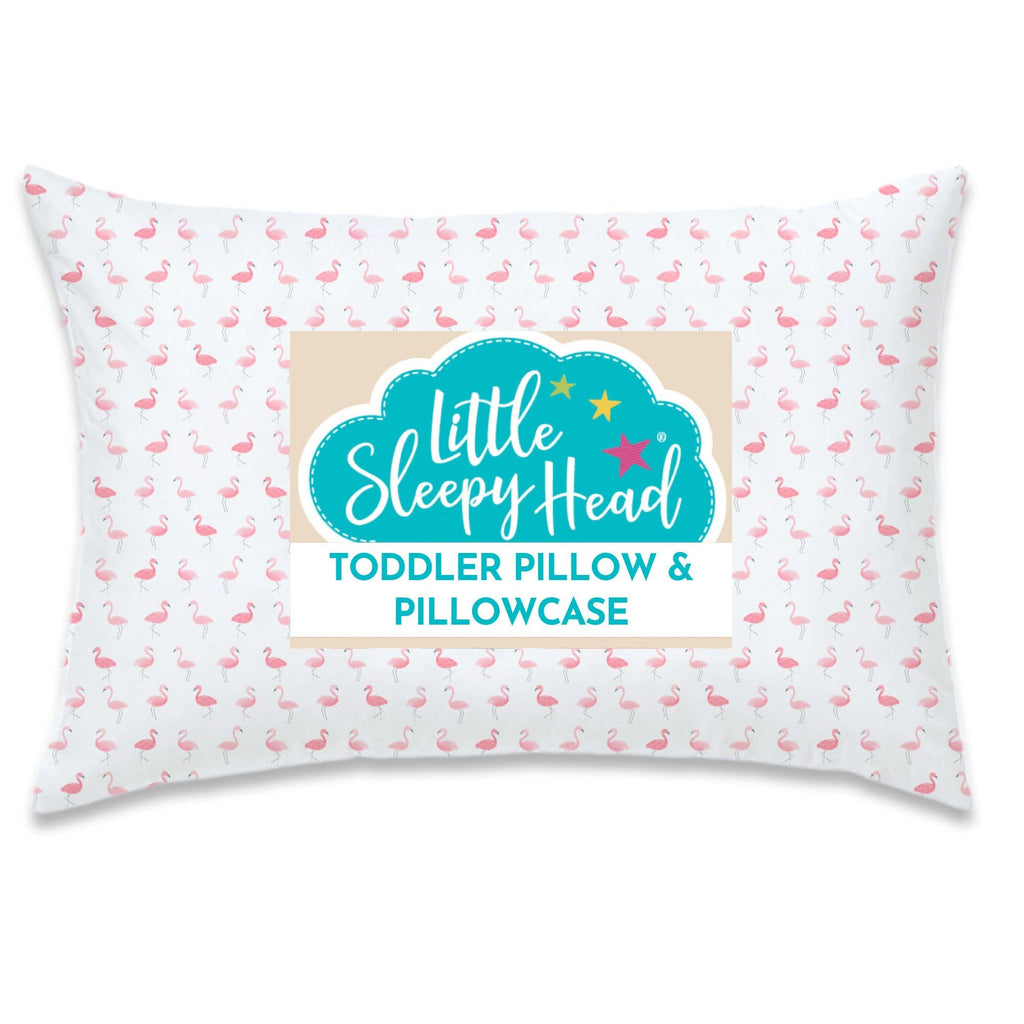 Toddler Bed Pillow with Cotton Pillow Case – 13x18 Kids Pillows for Sleeping, School, Travel & Daycare – Hypoallergenic Toddler Pillow 2 Year Old to 5 with Envelope Pillowcase (Flamingo Flock)