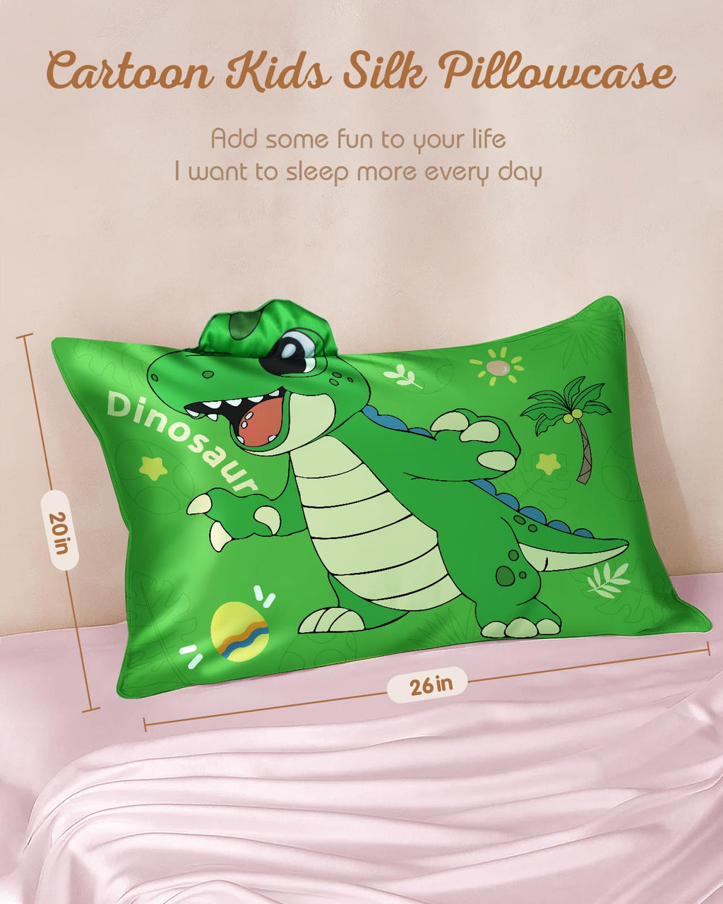 Miss Adola Kids Pillowcases Standard Size 20"x26" - Cute Cartoon Soft Breathable Silk Pillow Cases for Hair and Skin with Hidden Zipper for Fun Kawaii Design for Bedding, Green Dnosaur