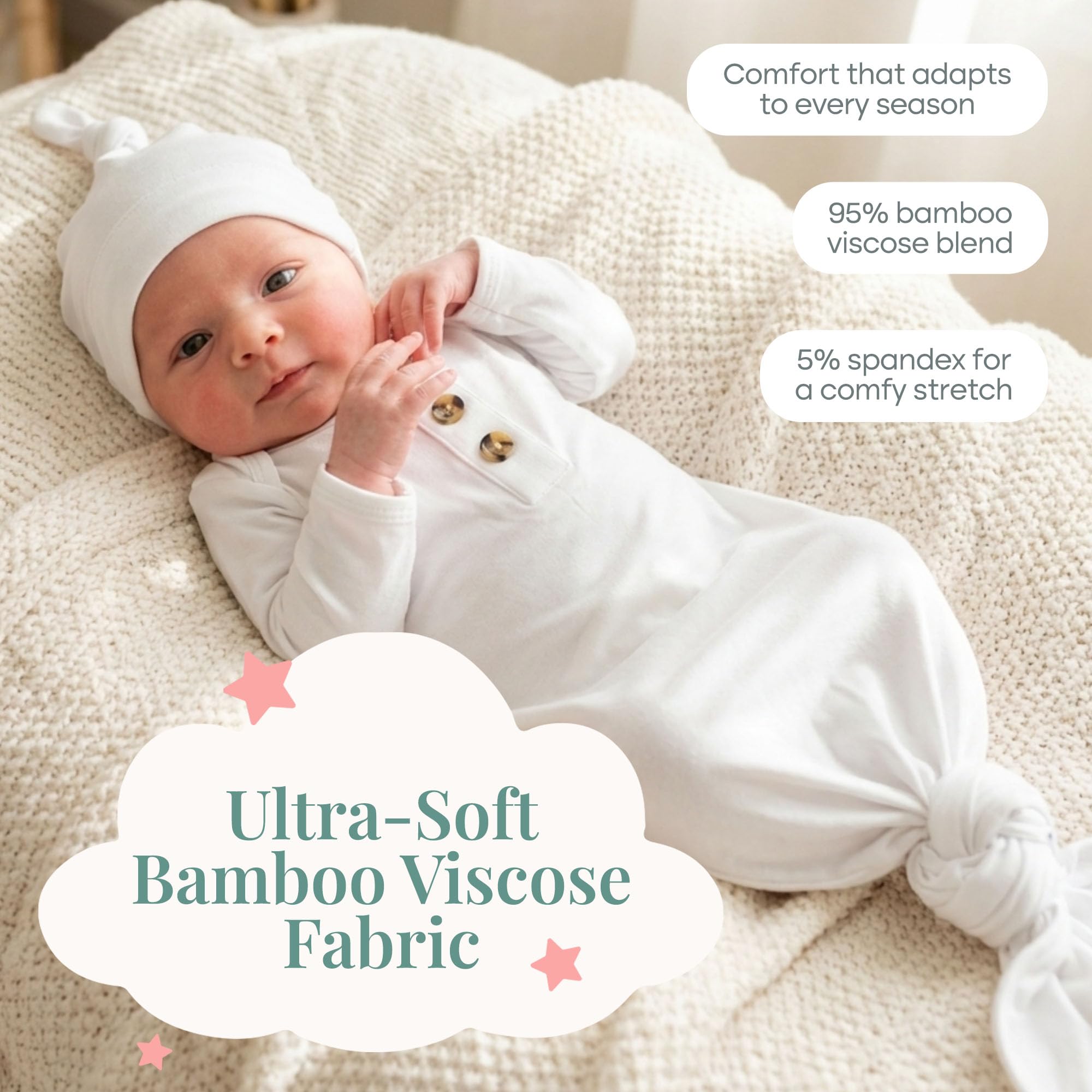 Caden Lane Newborn Knotted Gown with Hat, Soft Bamboo Viscose Baby Sack, Unisex Infant Breathable Night gown