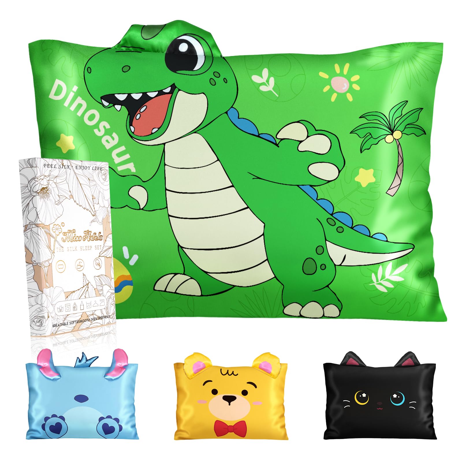 Miss Adola Kids Pillowcases Standard Size 20"x26" - Cute Cartoon Soft Breathable Silk Pillow Cases for Hair and Skin with Hidden Zipper for Fun Kawaii Design for Bedding, Green Dnosaur