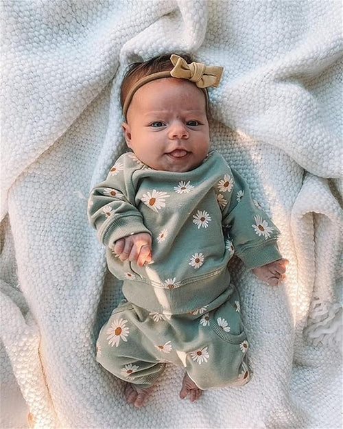 3Pcs Baby Girl Outfits Daisy Sweatshirt + Pants + Headband Infant Fall Winter Clothes Green 12-18 Months