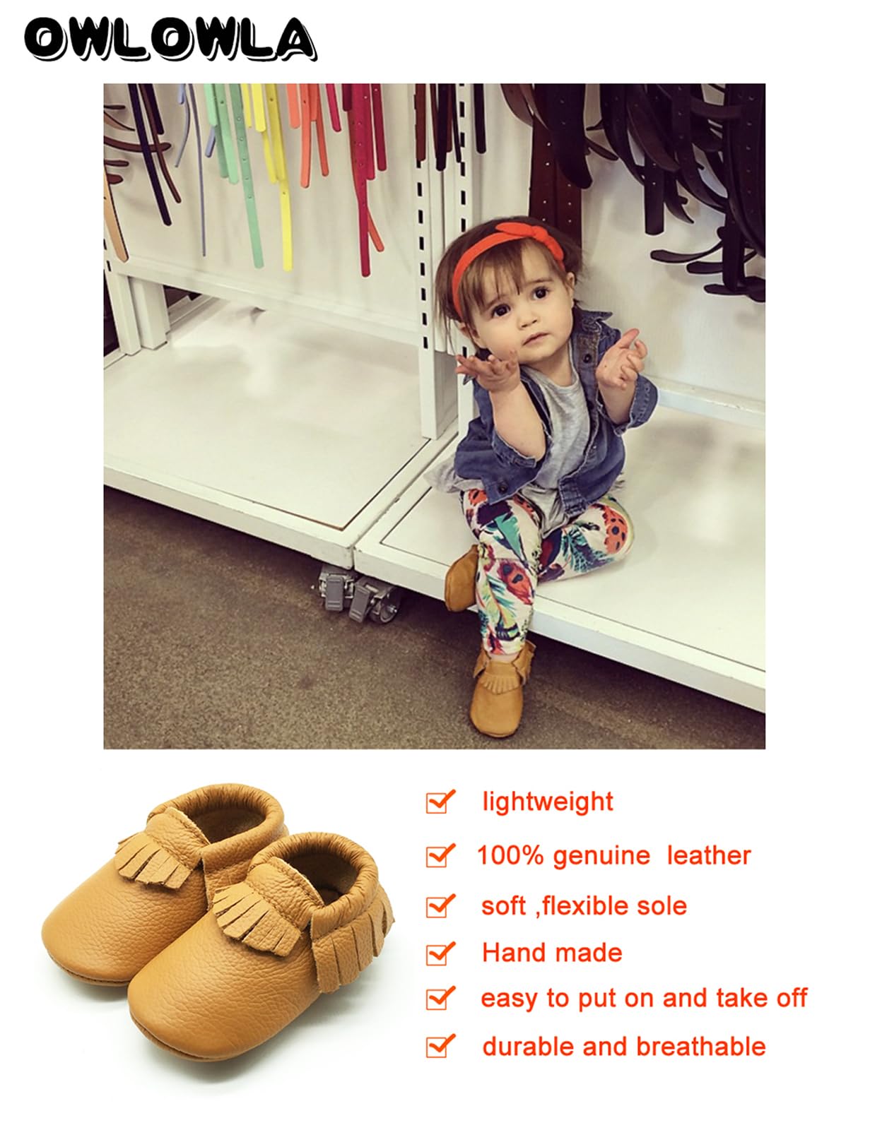 OWLOWLA Leather Baby Moccasins Soft Sole Baby Shoes Boys Girls 12-18months