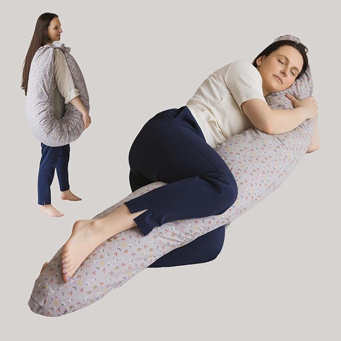First Organic Cotton Pregnancy Pillow for Sleeping & Feeding made with Natural Kapok Filling – Cooling Nursing & Comfort Pillow for Maternity Support & Side Sleepers – Removable Cover Included!