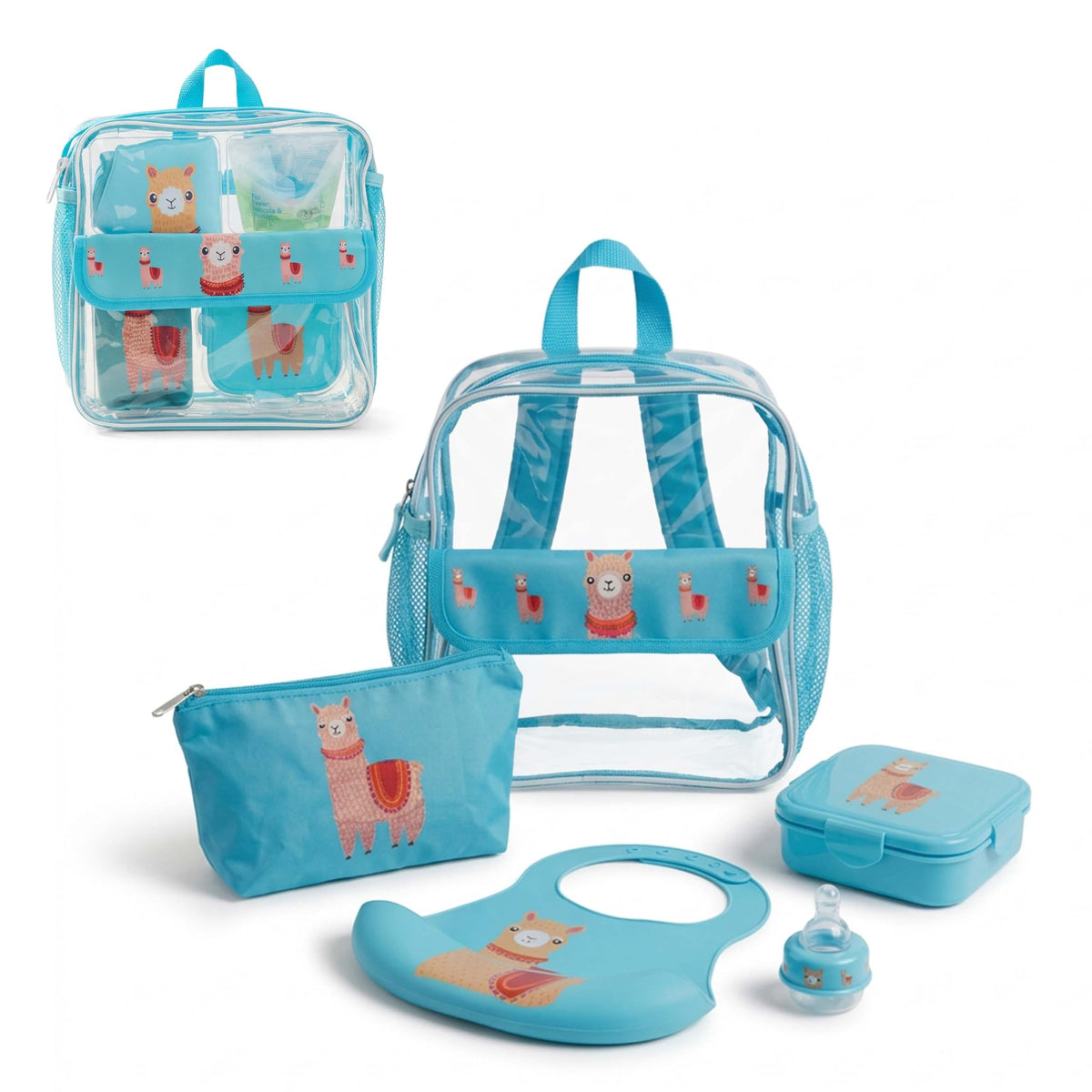 Refresh-A-Baby Feeding Essentials Kit for Feeding on the go, Feeding Travel Set with Universal Bottle Top Adaptor, Resealable Container, Silicone Bib, Clear Travel Bag & More (Llama Love)