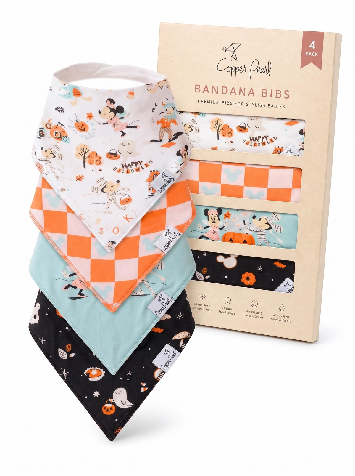 Copper Pearl Baby Bibs for Baby Boy or Girl – Bandana Drool Bibs for Teething, Absorbent Bibs for Eating, Newborn to Toddler, 4 Pack, Black Basics