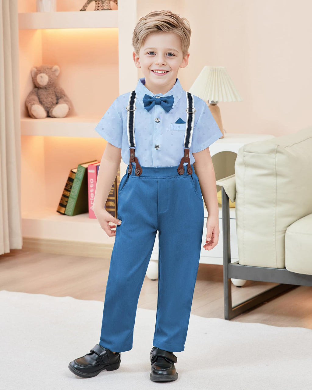Boys Suit Boys Wedding Suit Blue Boy Dress Shirt with Bowtie/Suspender Pants Big Kid Gentleman Outfits 9-10 Years.