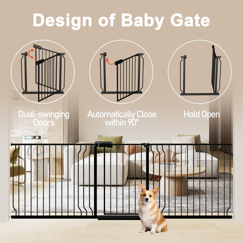WAOWAO 85.83-95.25" Extra Wide Baby Gate Pressure Mounted 30" Tall Black