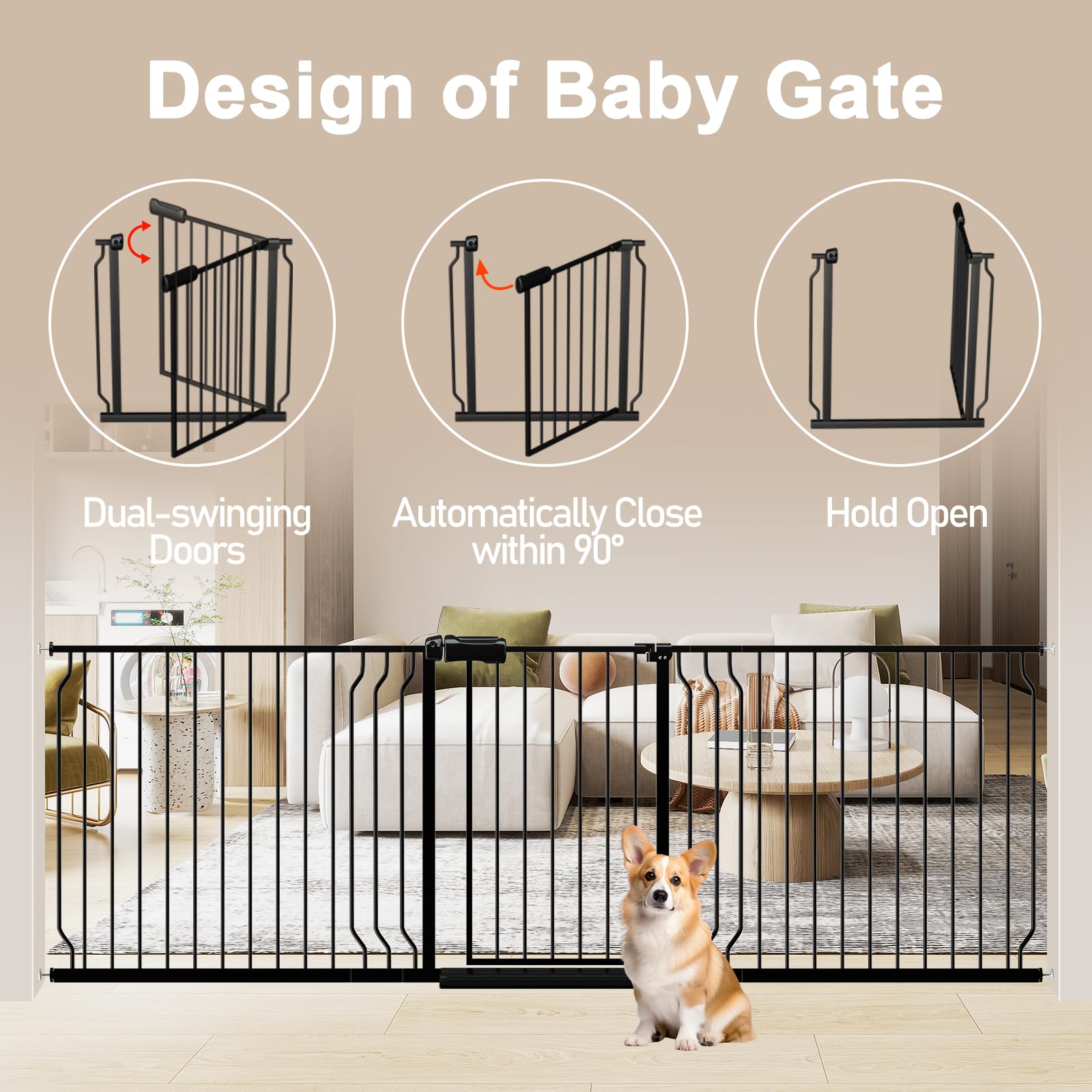 WAOWAO 85.83-95.25" Extra Wide Baby Gate Pressure Mounted 30" Tall Black