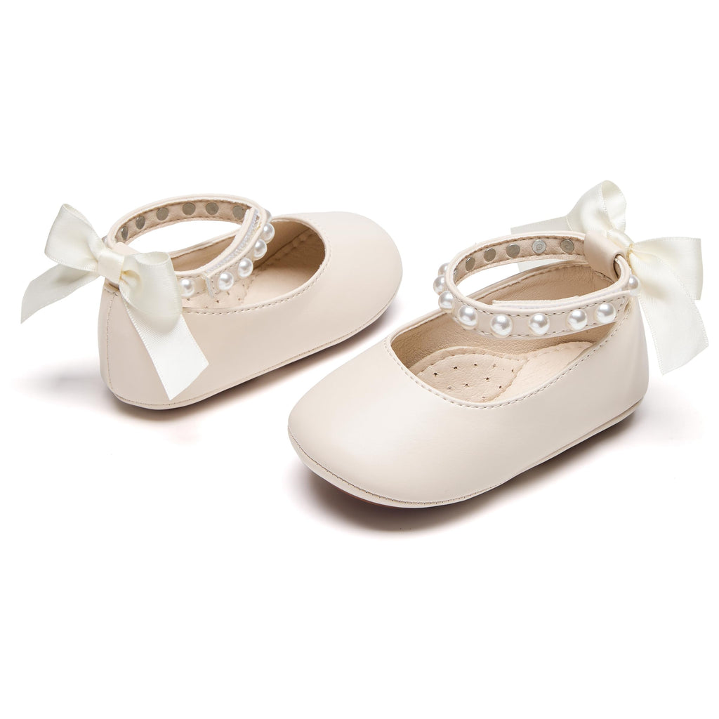 PHIRAMIN Baby Girls Beige Mary Jane Flats - Infant 9-12 Months Walking Shoes Soft Rubber Sole Princess Wedding