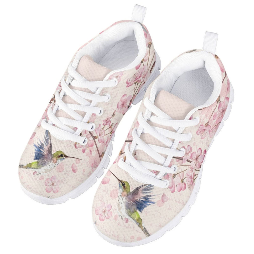 MARSVOVO Toddler Girl Sneakers Lightweight Breathable Athletic Slip On Girl Running Shoes Comfortable Resistant Sport Pre Walking Shoes for Boy Girl Hummingbird and Pink Flower Design Size 2 US