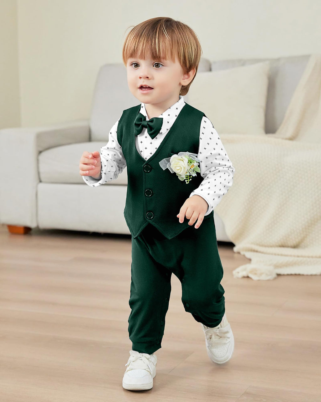 mikiumkee Baby Boy Suit Gentleman Clothes Wedding Outfits Formal Jumpsuit Long Sleeve Romper+Vest Green 18-24 Months