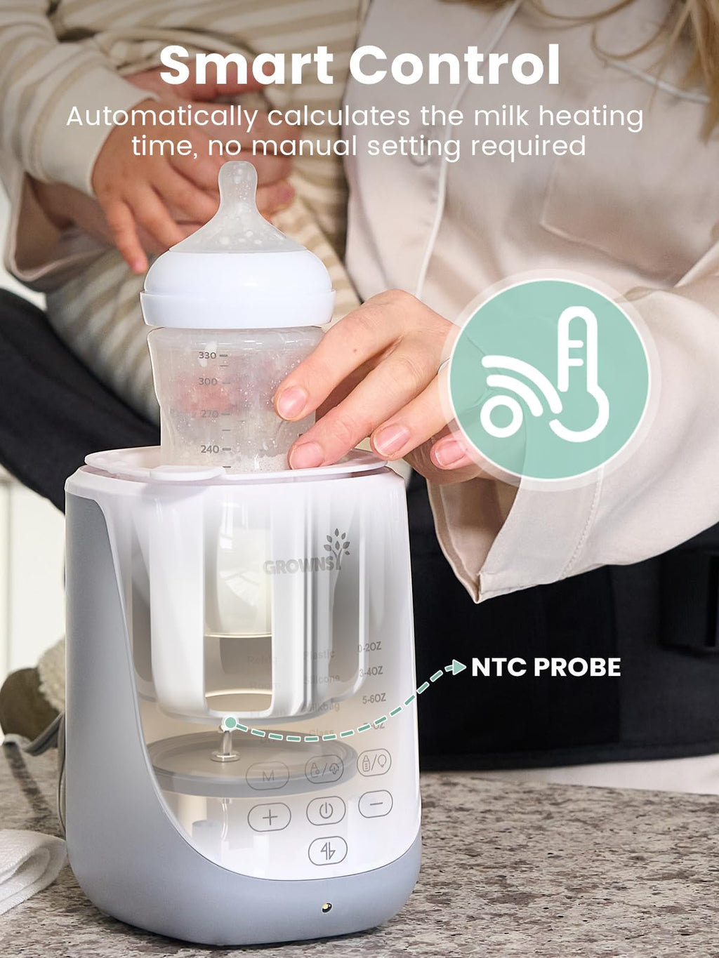 Grownsy Auto-Lift Nutri Bottle Warmer for Breastmilk & Formula, Gray
