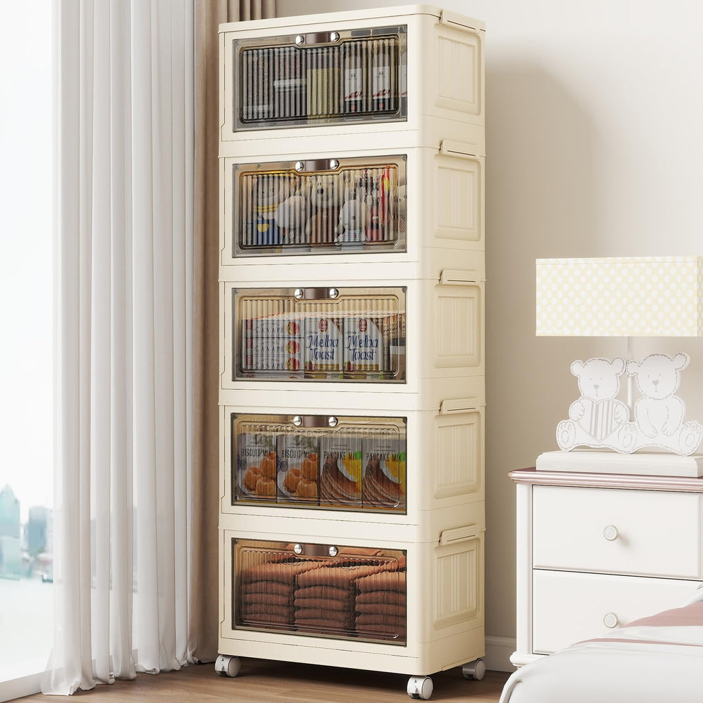 5 Tier - 34QT Storage Bins with Lids, Collapsible Storage Bins with Doors and Wheels, Plastic Storage Cabinet for Easy Storage and Organization for Living Room, Office
