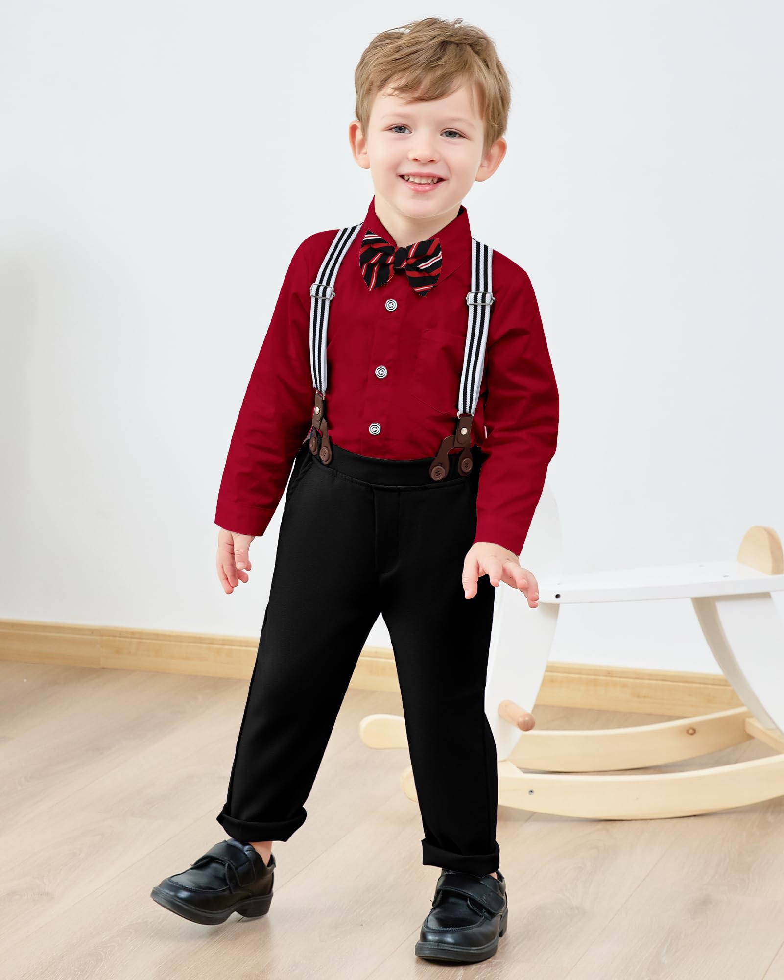 nilikastta Boys Outfits Gentleman Wedding Outfits Green Dress Shirt With Bowtie/Suspender Pants for School Play 6-7 Years