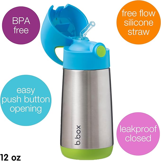 b.box 12 oz Insulated Water Bottle: Keeps Drinks Cold up to 8 Hours, Warm up to 6 Hours. Triple Wall Stainless Steel Kids Water Bottle w/Free Flow Silicone Straw Top. Leakproof & Dishwasher Safe