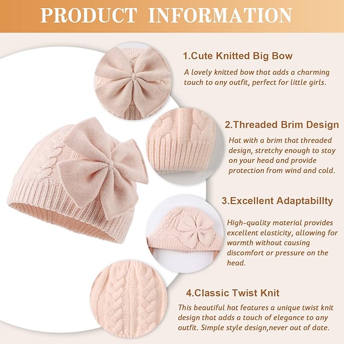 JANGANNSA Winter Warm Knitted Baby Hat for Girls Cotton Lined Infant Toddler Hat Autumn Cute Bow Classic Girls Beanie 0-6Y