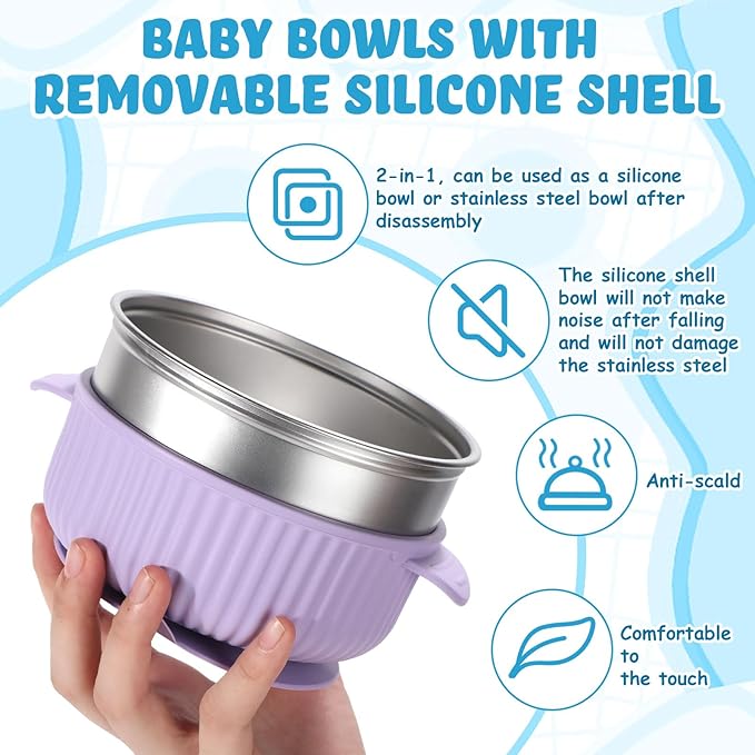 Nuogo 6 Pcs Stainless Steel Baby Bowls with Removable Silicone Shell 304 Toddler Bowls Kids Anti Scald Snack Container for Food Feeding, Dishwasher Safe(Multicolor,Suction-c)