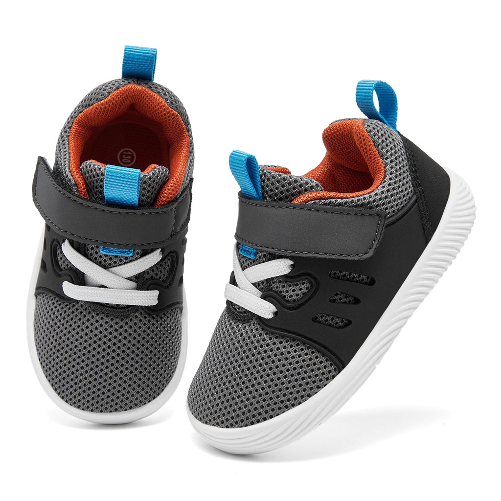 MORENDL Toddler Sneakers Baby Boys & Girls Barefoot Shoes Lightweight Breathable Walking Running Tennis Athletic Sport Shoes Dark Grey 18-24 Months