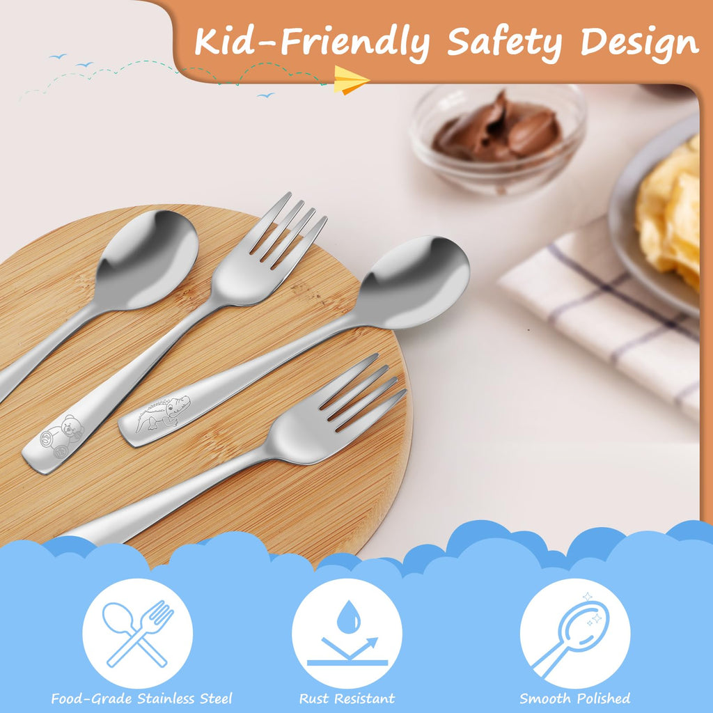 AUOIKK 14-Piece Toddler Flatware, Kids Utensils Stainless Steel Cutlery Set, Children Safe Spoons and Forks with Ergonomic Handle, Easy to use and Dishwasher Safe (Crocodile and Bear)