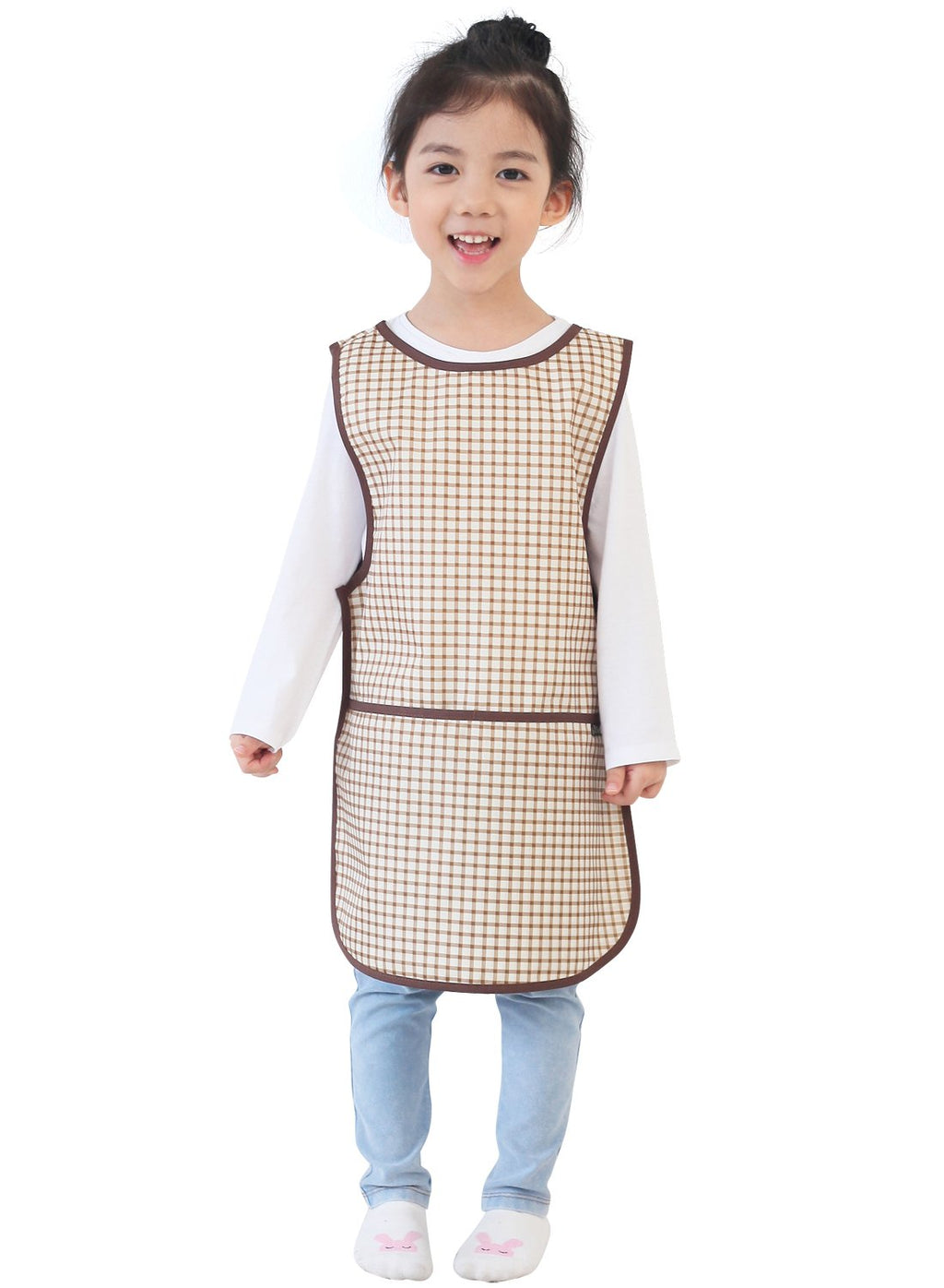 Plie Kids Painting Apron – Waterproof Art Smock for Toddlers & Preschoolers, Messy Play, Baking, Crafts, Cooking, Sensory Activities, Mealtime (Ages 1–10), Brown Check (18-M)