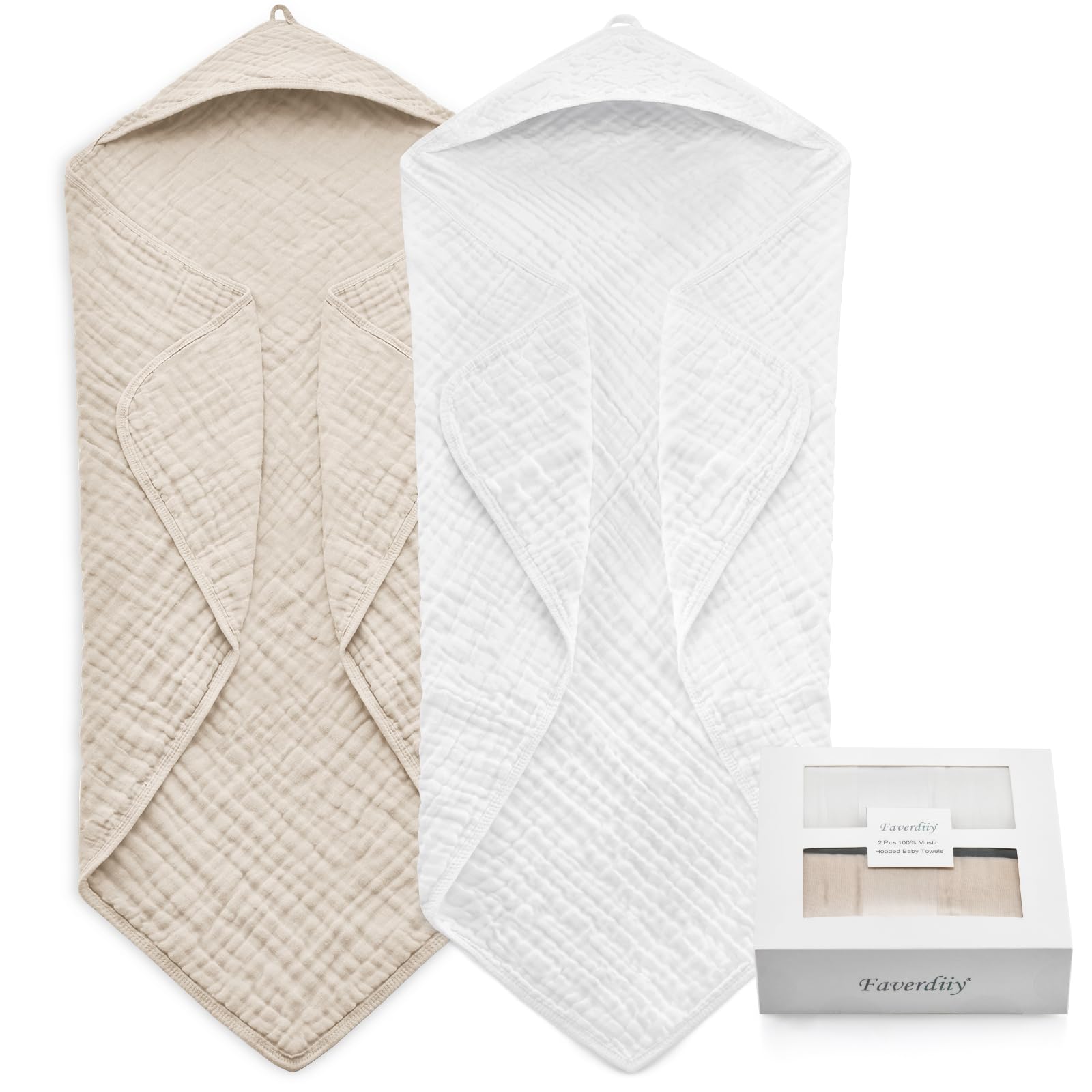FAVERDIIY Newborn Hooded Baby Towels, 35x35 Inch 2 Pack 100% Muslin Cotton Baby Bath Towel, Soft Baby Beach Towels with Hood for Infants, Toddlers and Kids, (White + Beige)