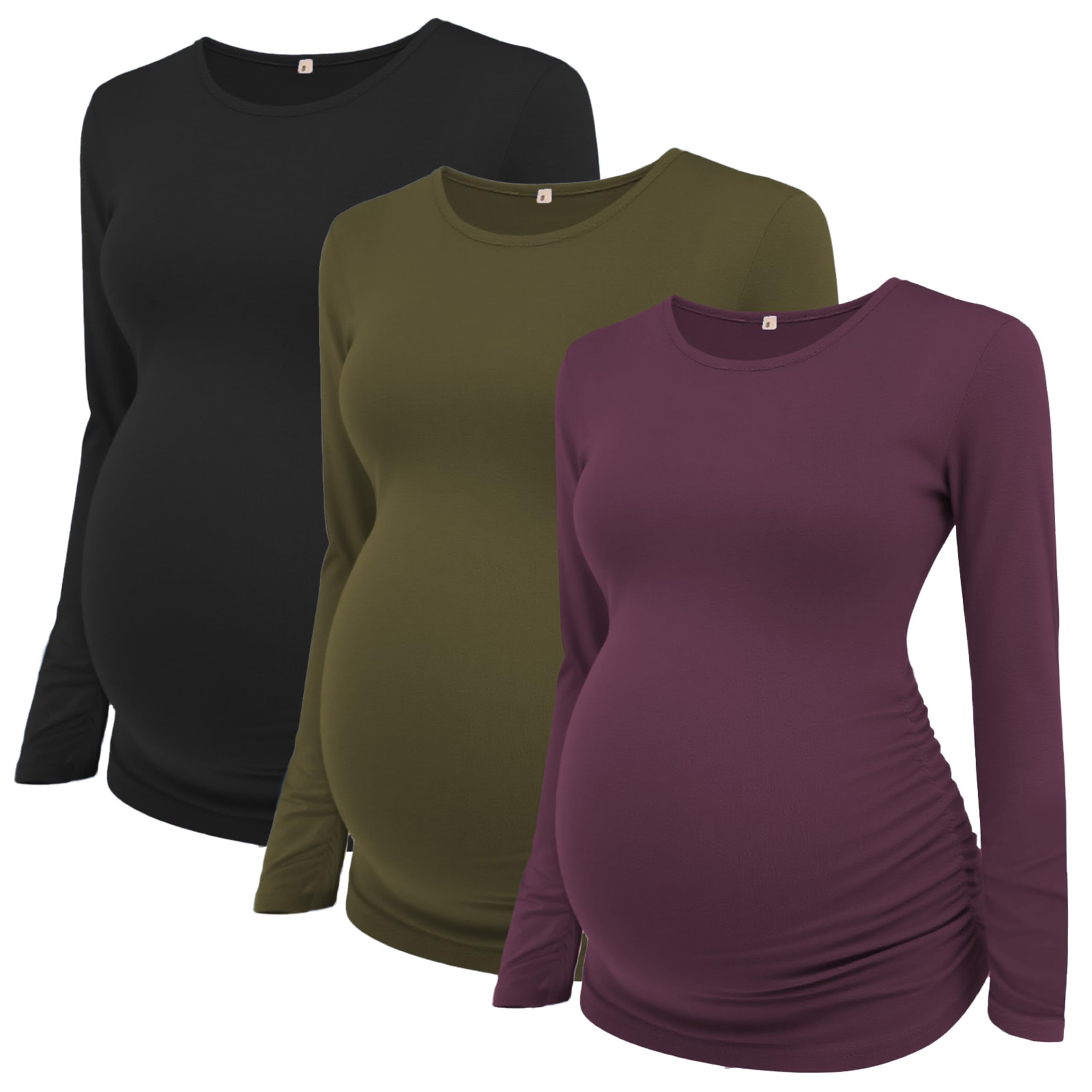 Ecavus Women's 3-Pack Maternity Shirts Long Sleeve Soft Stretchy Pregnancy Tops Side Ruched Casual Mama Clothes