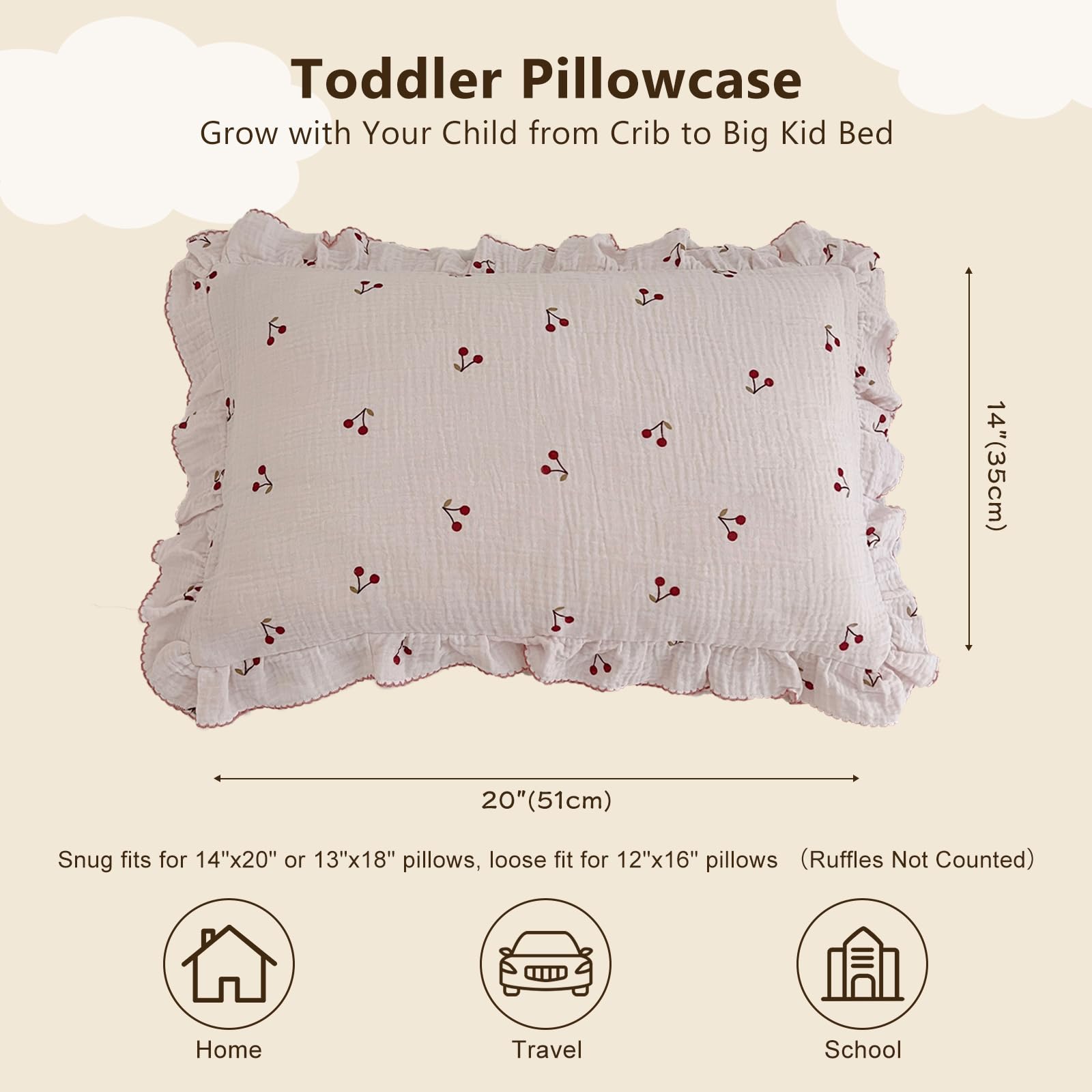 BuLuTu Cotton Muslin Kids Toddler Pillowcase Cherry Pattern, Soft Travel Pillow Ruffle Edge Nursery Pillow Case for Boys Girls, Bedding Decor, Durable Pillowcases 14"x20", 1 Piece