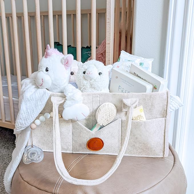 Maliton Baby Diaper Caddy, Car Organizer with Handle, Felt Diaper Caddy for Baby Boy Girl, Changing Table Organizer for Baby Stuff, 16" x 10" x 7" Baby Organizer for Nursery (White)