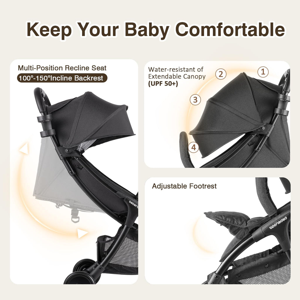 Beberoad Love R2 Travel Stroller for Airplane Small Compact Stroller Lightweight Baby Stroller, Foldable Infant Toddler Stroller with Cup Holder, Rain Cover and UPF 50+ Waterproof Canopy, Black