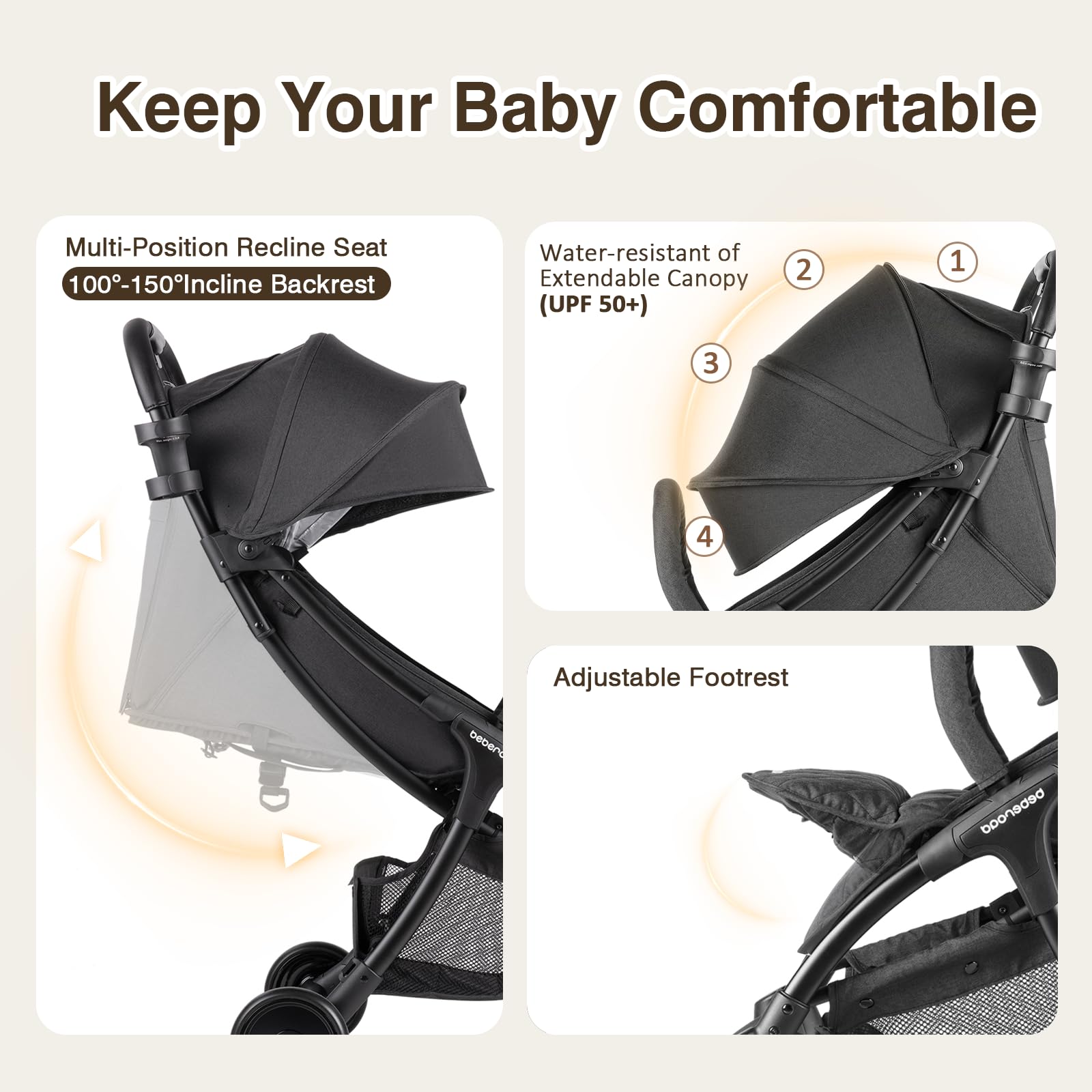 Beberoad Love R2 Travel Stroller for Airplane Small Compact Stroller Lightweight Baby Stroller, Foldable Infant Toddler Stroller with Cup Holder, Rain Cover and UPF 50+ Waterproof Canopy, Black