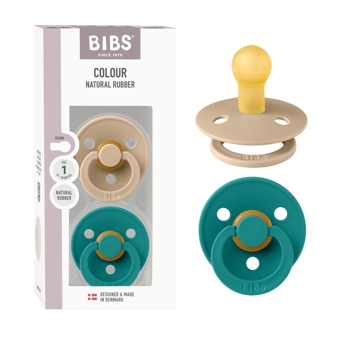 BIBS Pacifiers Colour Collection | Natural Rubber Baby Pacifier | Set of 2 BPA-Free Soothers | Made in Denmark | 18+ Months (Pack of 2) | Sage Night/Cloud Night