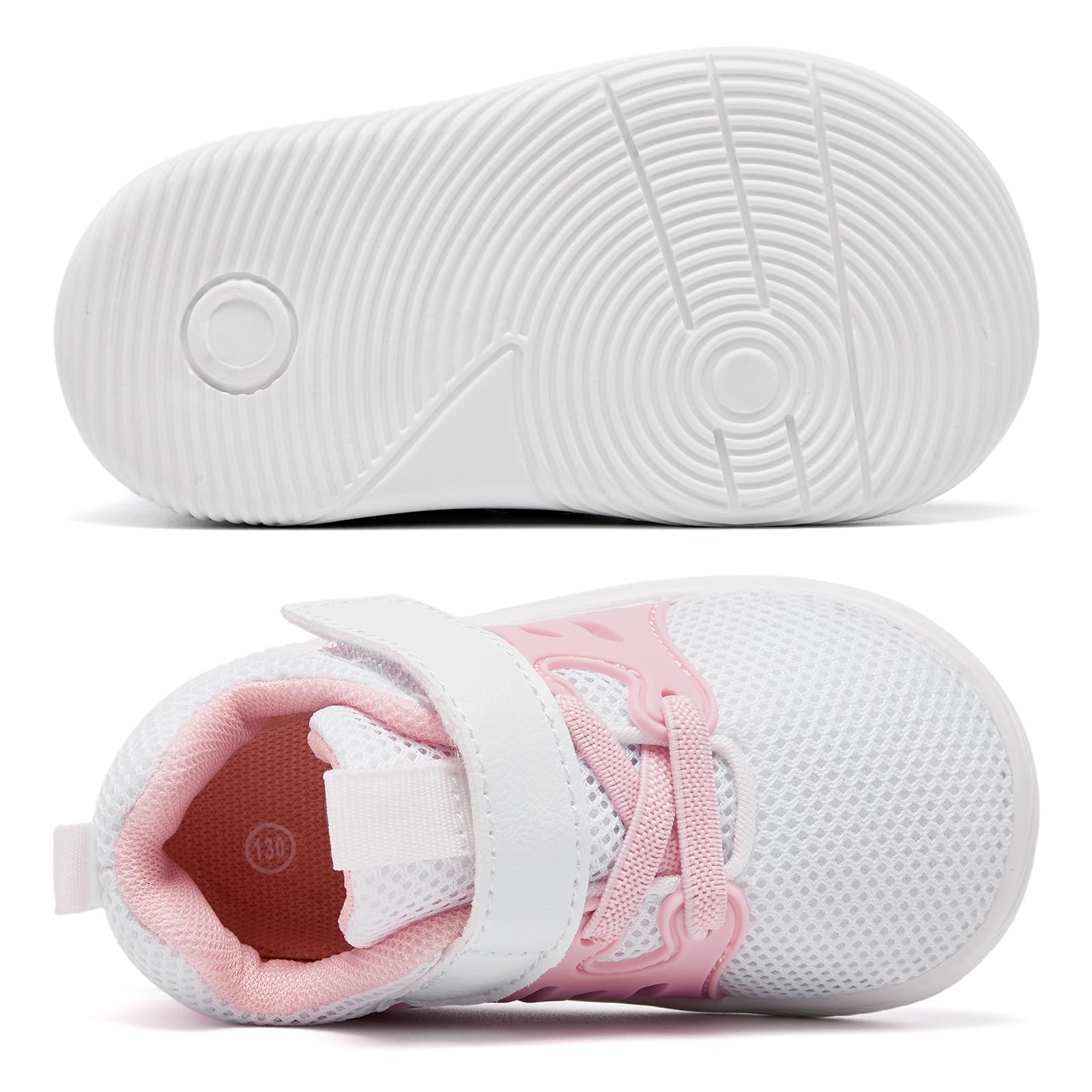 MORENDL Toddler Sneakers Baby Boys & Girls Barefoot Shoes Lightweight Breathable Walking Running Tennis Athletic Sport Shoes White Pink 6-9 Months
