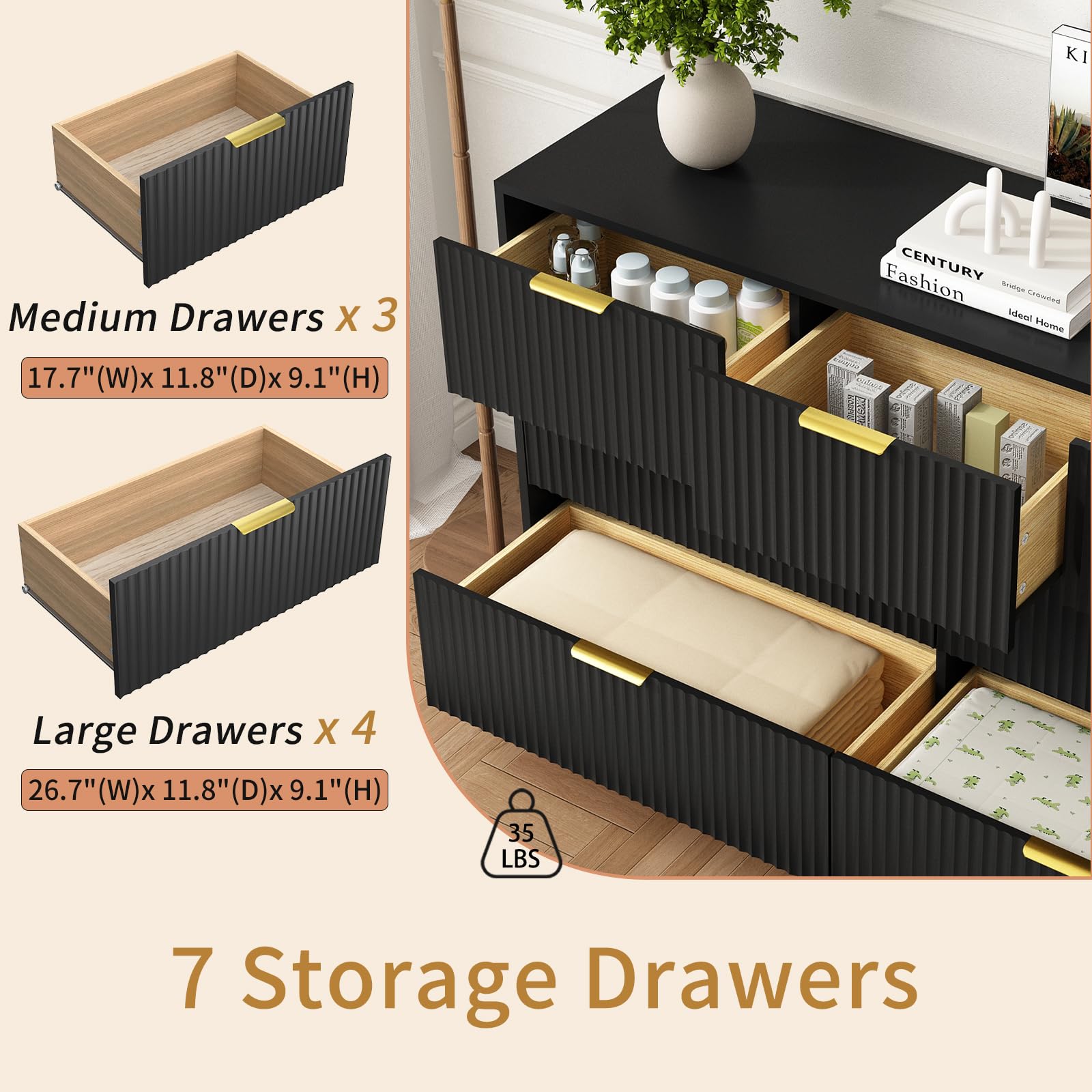 Sscaktu 7 Drawer Fluted Dresser with Deep Drawers for Bedroom, Black丨55 Wide Mid Century Dresser, Modern Chest of Drawers, Wood TV Stand Storage Organizer for Closet, Living Room, Hallway