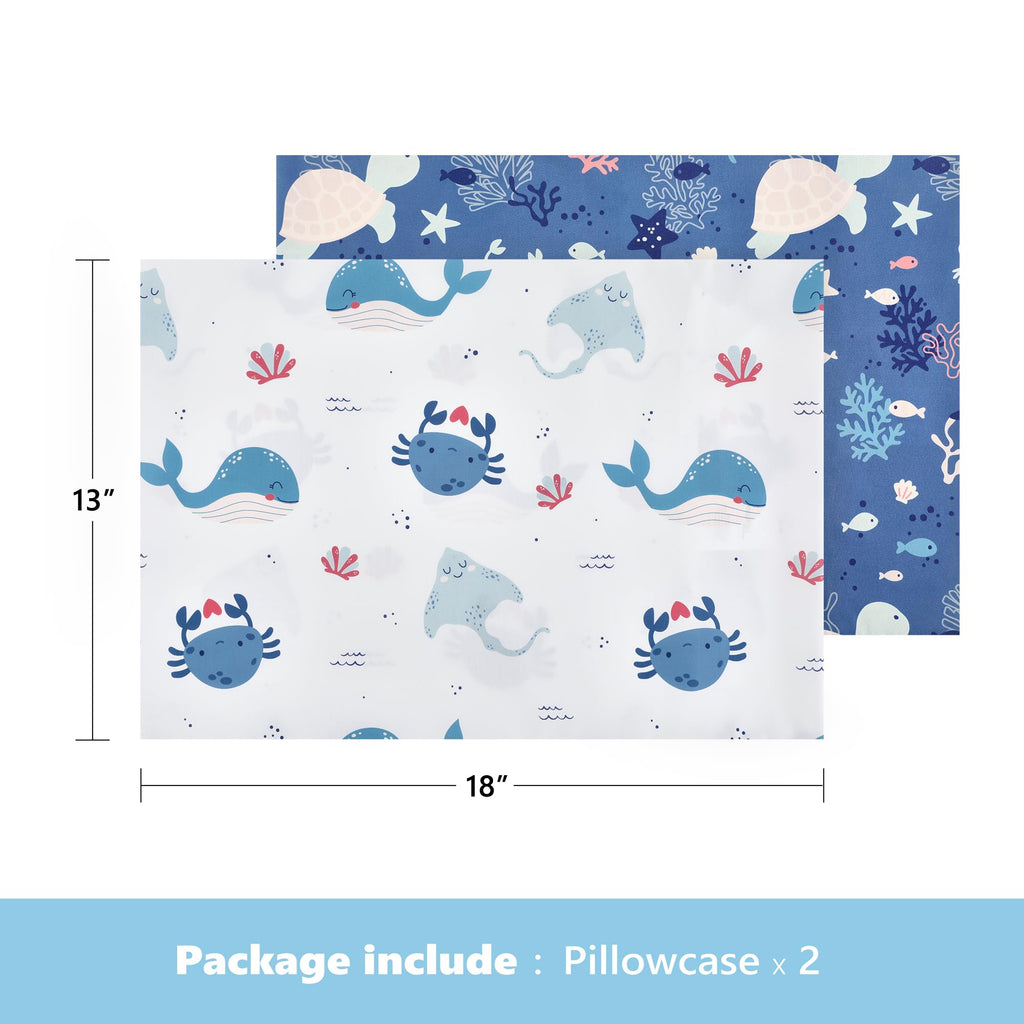 TILLYOU Toddler Pillowcase 2 Pack with Envelope Closure,13" x 18" Silky Soft Microfiber Travel Kids Pillowcase for Boys and Girls, Beach Time Turtle&Manta Ray