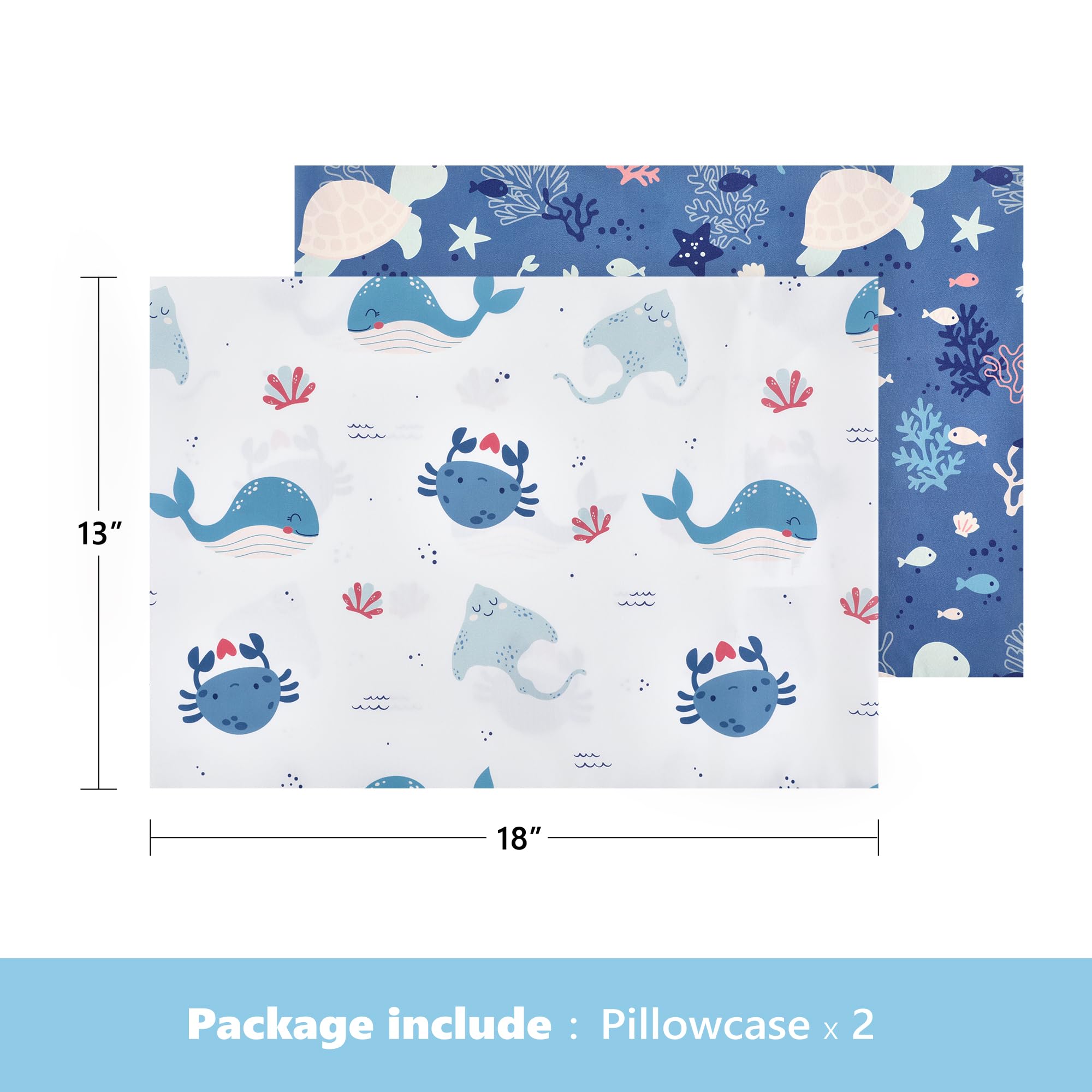 TILLYOU Toddler Pillowcase 2 Pack with Envelope Closure,13" x 18" Silky Soft Microfiber Travel Kids Pillowcase for Boys and Girls, Beach Time Turtle&Manta Ray