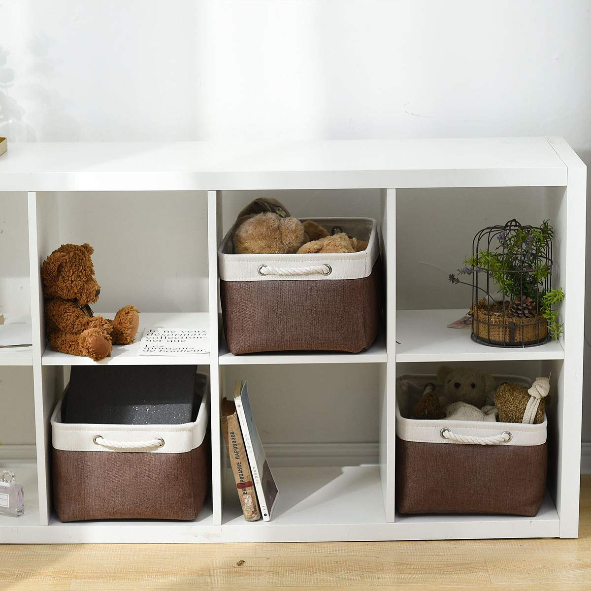 Sacyic Large Storage Baskets for Shelves, Fabric Baskets for Organizing, Collapsible Storage Bins for Closet, Nursery, Clothes, Home & Office [3-Pack, White&Brown]