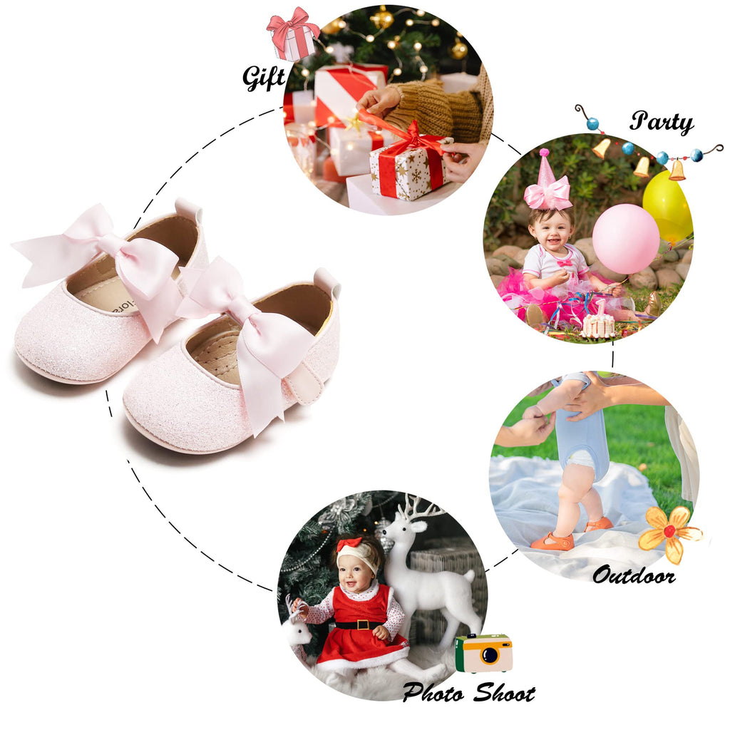 Soft Sole Leather Glitter Light Pink Baby Shoes - Infant Baby Walking Shoes Moccasinss Rubber Sole Crib Shoes(Glitter Light Pink,6-9 Months Infant)