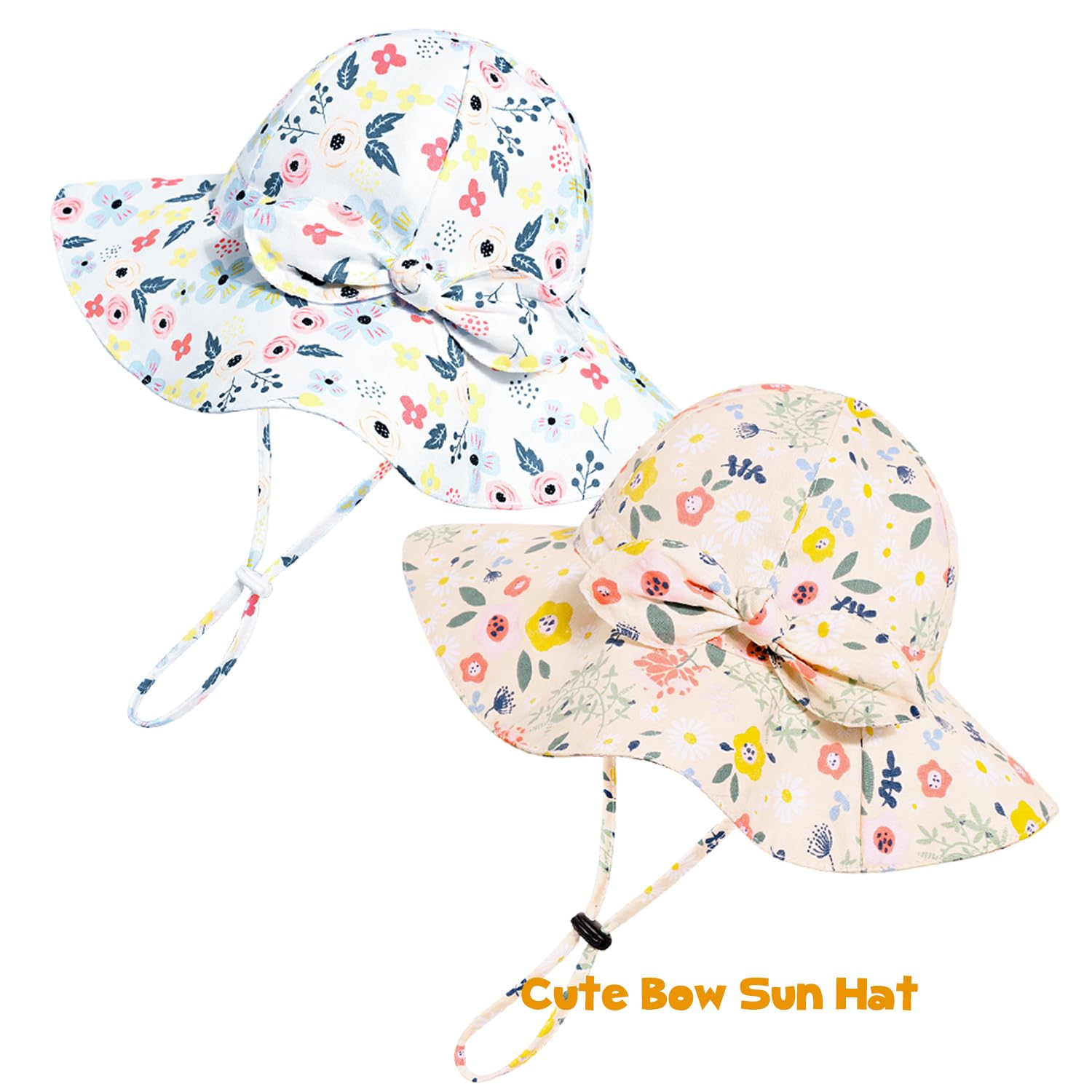 Baby Girl Sun Hat with UPF 50+ Outdoor Adjustable Beach Hat with Wide Brim Bucket Hats (6-12 Months, Pink Printing & White Printing -2pcs)