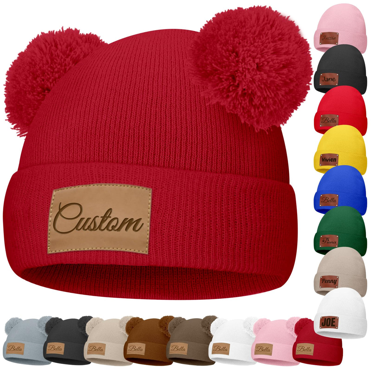 Custom Baby Beanies Personalized Toddler Winter Hats Name Leather Patch Kids Knit Warm Hat for Infant Boys Girls Adult Grey