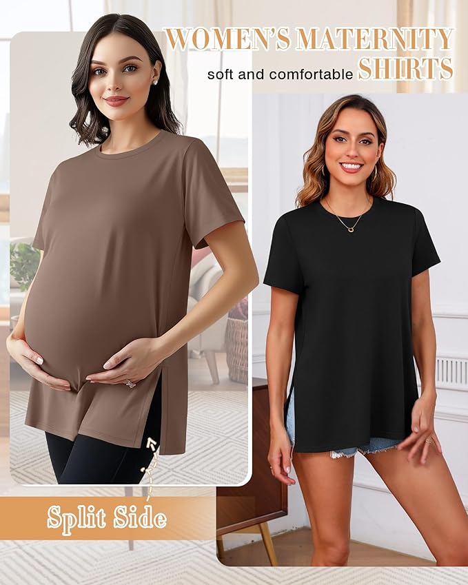 Ficerd 3 Pack Women's Maternity T Shirts, Short Sleeve Side Split Pregnancy Tops Casual Crew Neck Pregnant Tees Mama Clothes