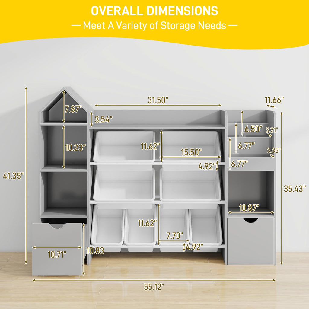 Vabches Kids Toy Organizer with 8 Removable Toy Bins, 4-Tier Toy Storage Organizers W/4 Storage Cubbies, Bookshelf 2 Toy Storage Box on Wheels for Playroom, Kids Room, Nursery Room, Grey