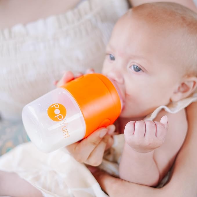PopYum 5 oz Orange Anti-Colic Formula Making/Mixing/Dispenser Baby Bottles, 3-Pack with #1 Slow Flow Nipples, 150 ml, BPA-Free, Natural Latch